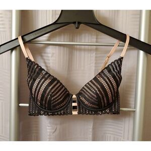 Victoria's Secret‎ Black and Pink Satin Stripe Lace Lined Plunge Bra Size 32C
